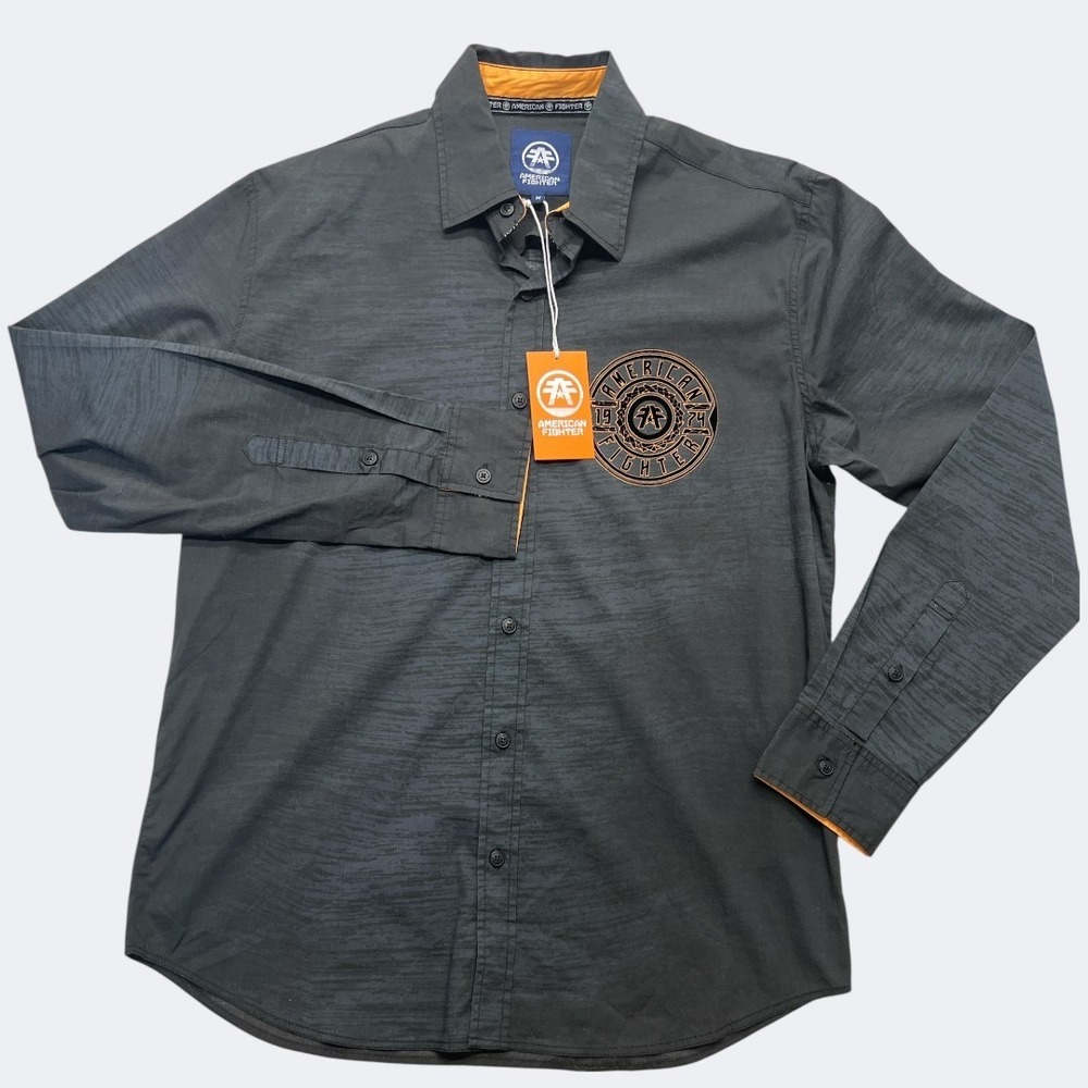 American Fighter Shirt Mens Medium Gray Long Sleeve Button Up Graphic Streetwear
